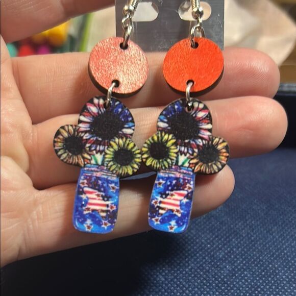 Red and Blue Cross Earrings - Picture 2 of 3